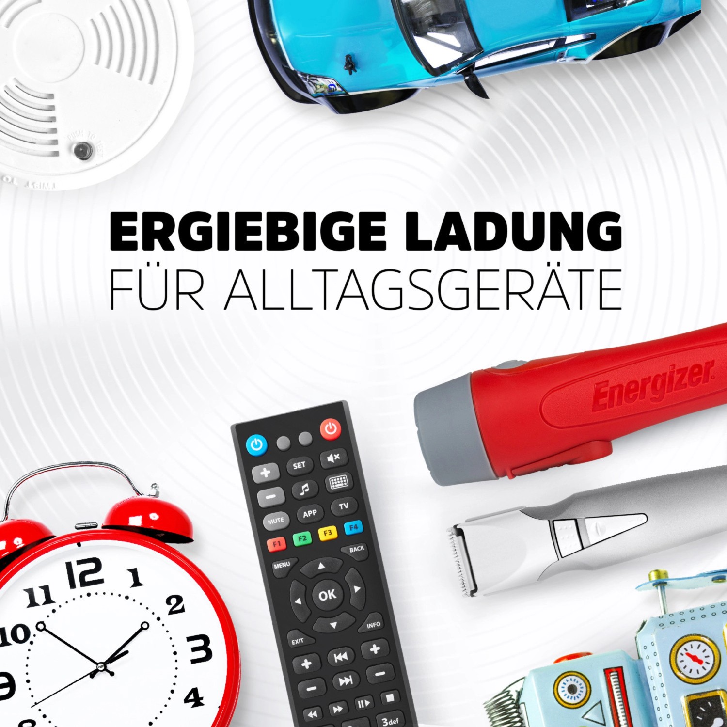 Anwendungsbeispiele für Energizer AAA Batterien: Wecker, Fernbedienung, Taschenlampe, Spielzeug, Auto, Rauchmelder, Rasierer, Roboter.