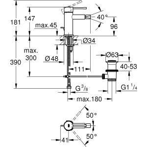 Technische Zeichnung Grohe Essence Bidetarmatur Supersteel mit Maßen und Details zur Installation.