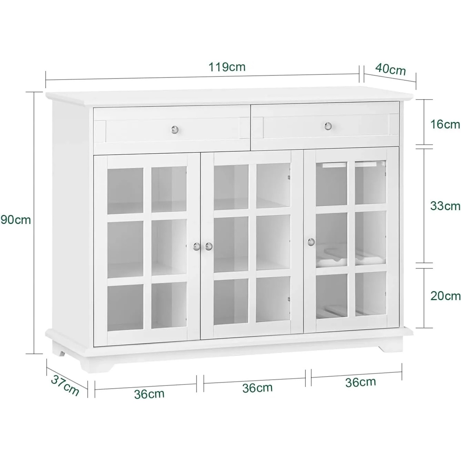 Weißes SoBuy Sideboard FSB77-W mit Glastüren, Schubladen und Weinregal. Küchenschrank für Esszimmer oder Küche.