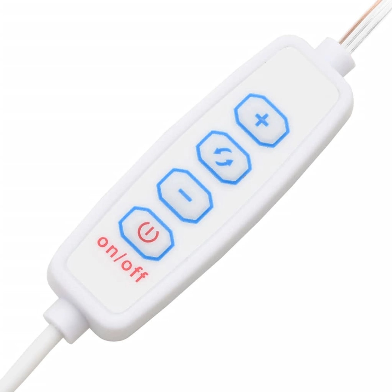 Nahaufnahme der LED-Lichtsteuerung des vidaXL Schminktischs, mit An/Aus, Helligkeit und Farbtemperatur Tasten.