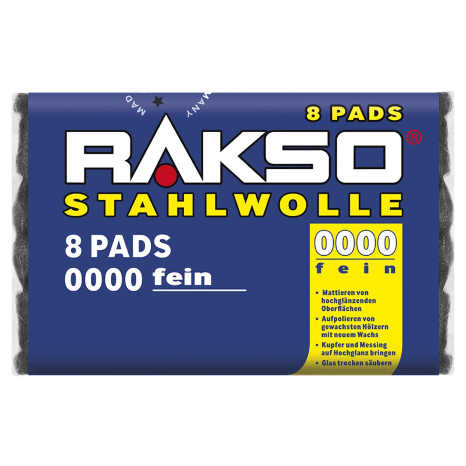 RAKSO Stahlwolle Pads Sorte 0000 Extra-Fein 1 x 8 Stück