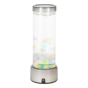 Eglo LED-Lavaleuchte Aqua mit silberner Basis, transparenter Säule und bunten Jellyballs. RGB-Wasserleuchte.