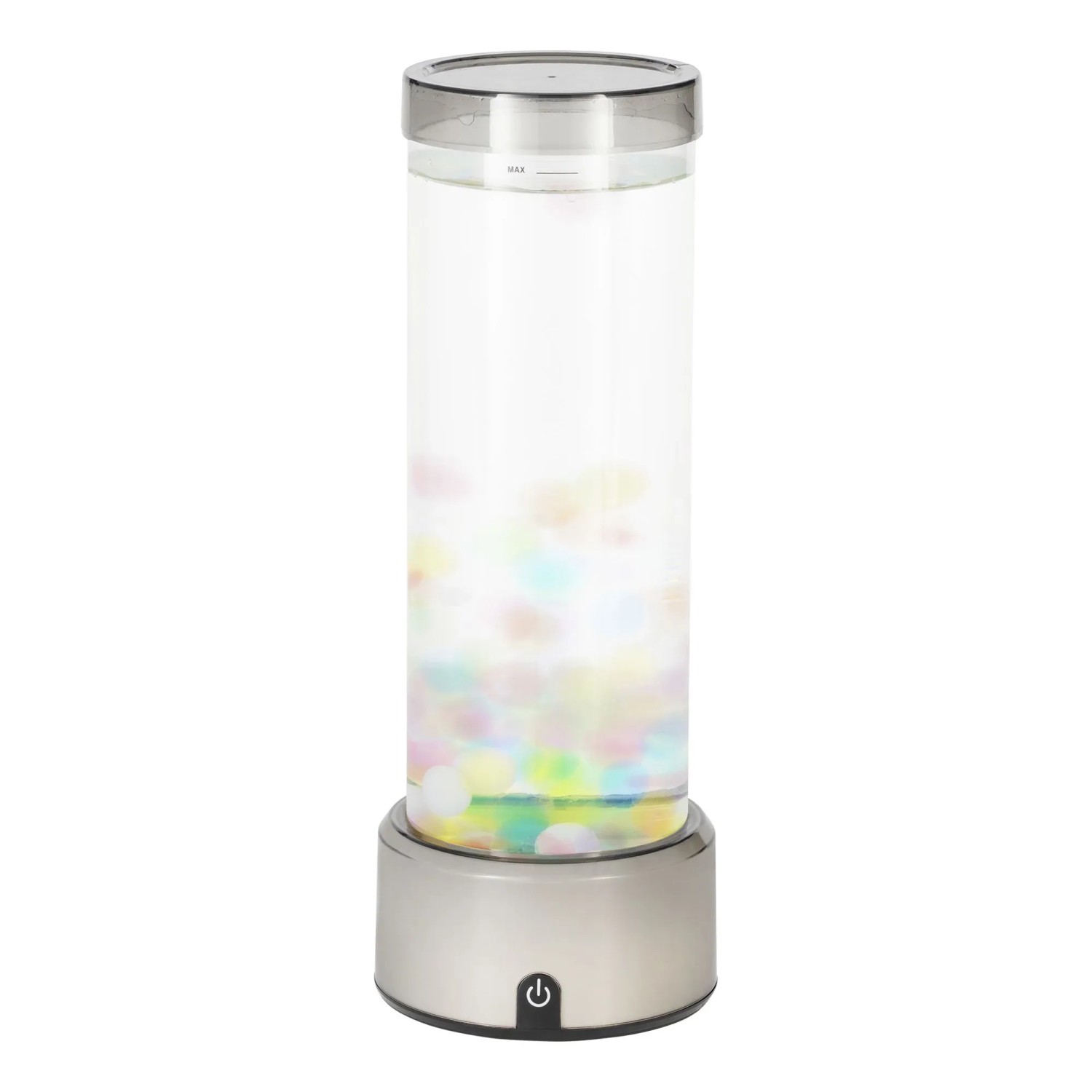 Eglo LED-Lavaleuchte Aqua mit silberner Basis, transparenter Säule und bunten Jellyballs. RGB-Wasserleuchte.