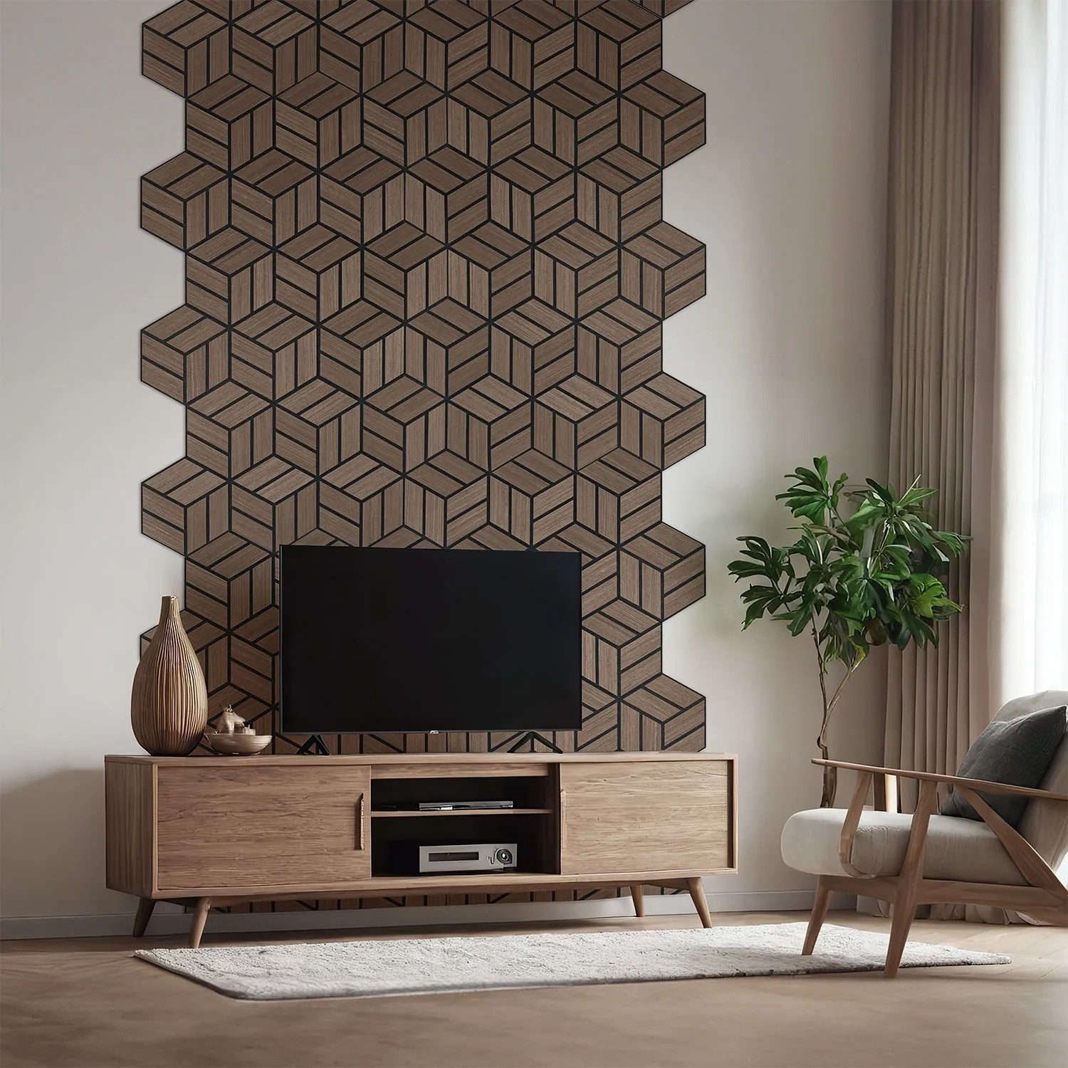 Homestyle4u Akustikpaneele in Braun, 4 Holz Hexagon Wandpaneele als Wanddekoration im Wohnzimmer.