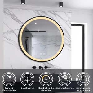 Runder Aica Sanitär Badspiegel, 60 cm, schwarz, mit LED-Beleuchtung und Dimmfunktion.