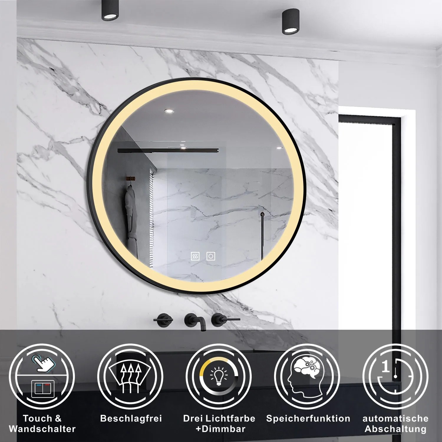 Runder Aica Sanitär Badspiegel, 60 cm, schwarz, mit LED-Beleuchtung und Dimmfunktion.