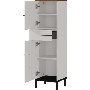 Germania Mediumschrank Kaschmir/Nussbaum, offene Türen, Schublade, Regalböden, schwarze Metallfüße.