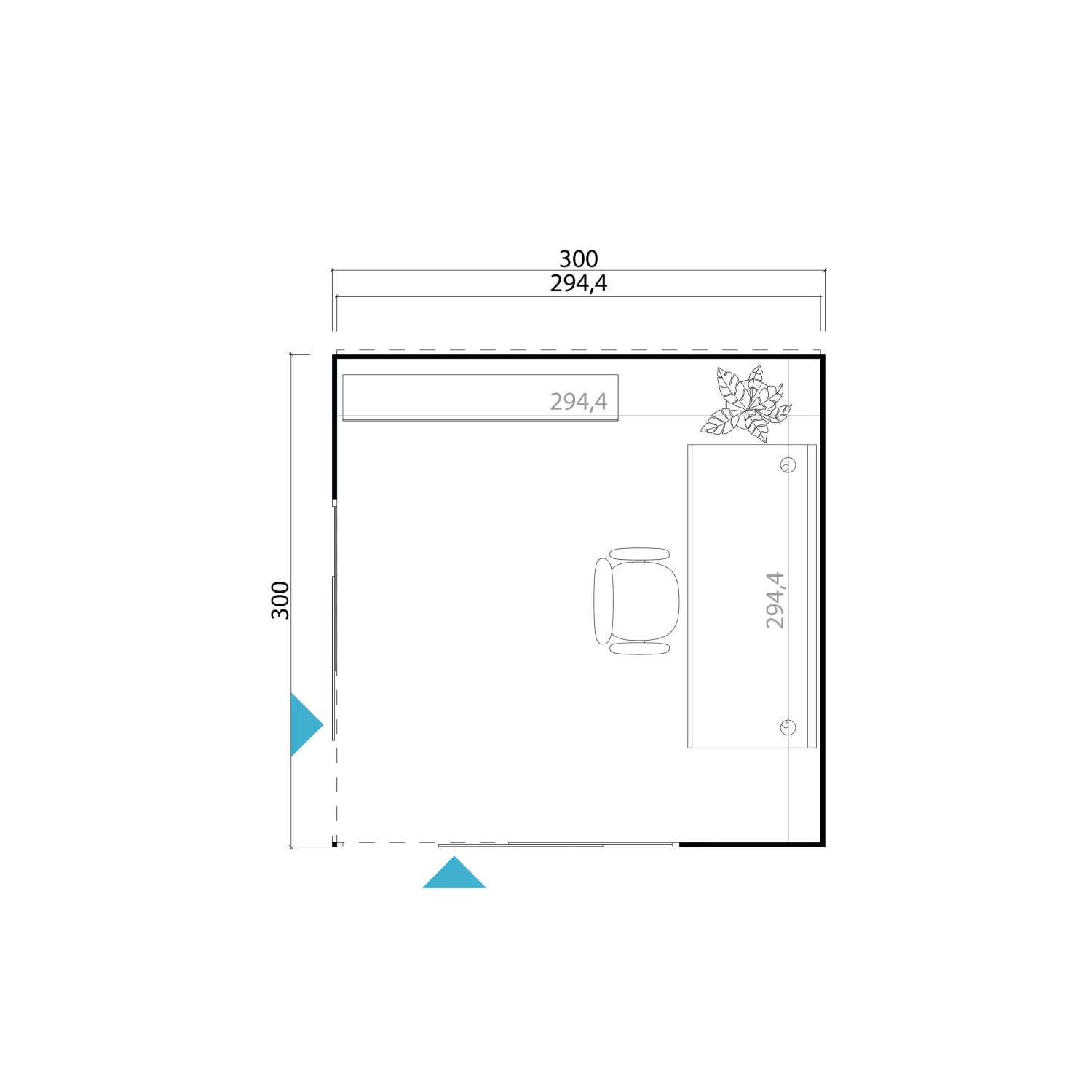 Grundriss Lasita Gartenhaus Palermo 3,0x3,0m, lichtgrau, mit Möbeln. Ideal als Homeoffice oder Rückzugsort.