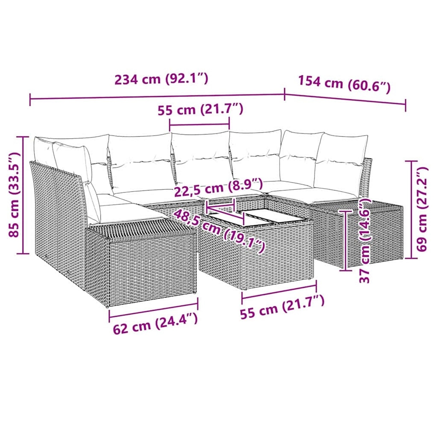 Beiges 7-teiliges Garten-Sofa-Set aus Polyrattan mit Tisch, modulare Gartenmöbel für Terrasse und Garten.