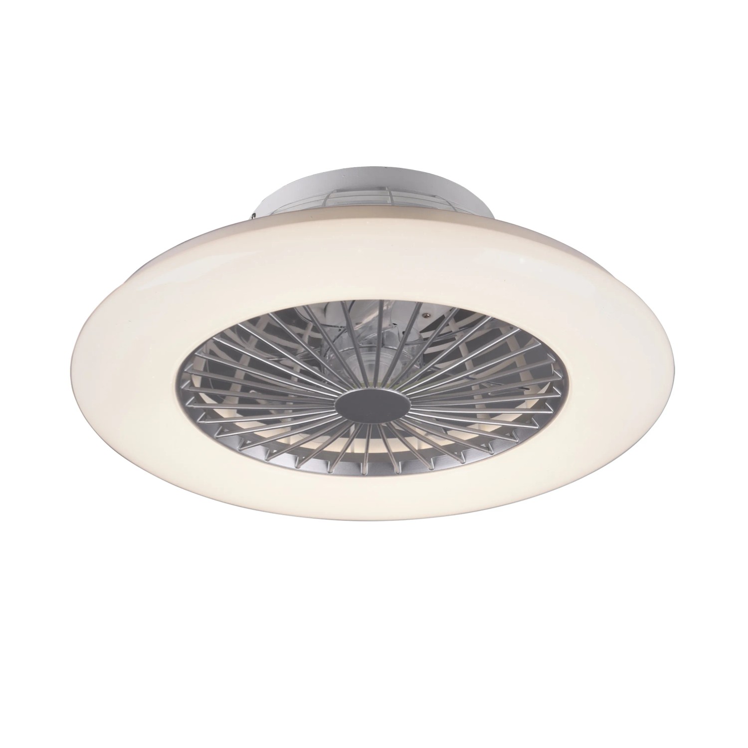 Weiße LED-Deckenleuchte Stralsund mit Ventilator, Ø 50 cm. Moderne Deckenleuchte mit integriertem Ventilator.