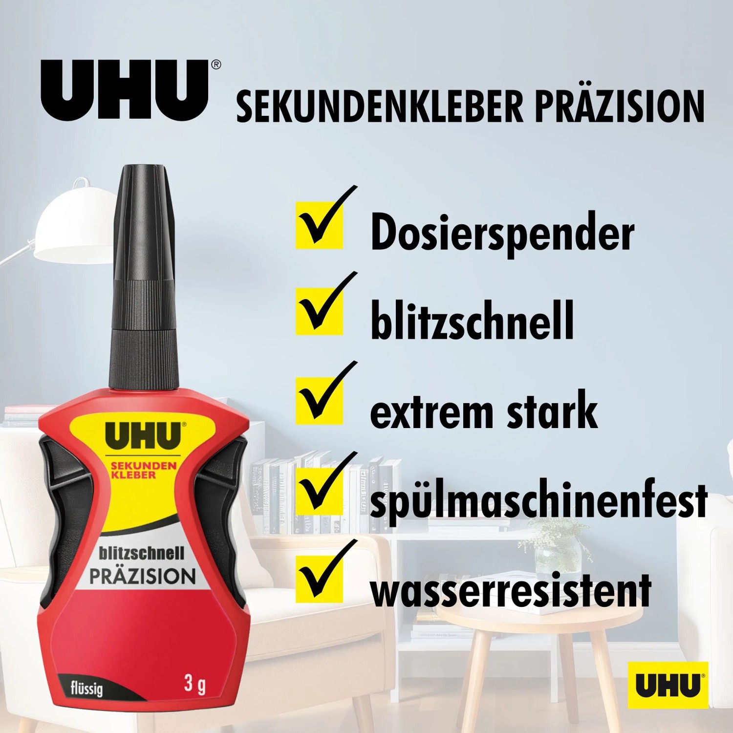 UHU Sekundenkleber Präzision, 3g Flasche mit Dosierspitze, für präzises Kleben.
