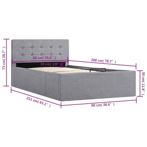 Hellgraues Stauraumbett (90x200 cm) mit Lattenrost und Stoffbezug. Bett mit hydraulischem Hebemechanismus.