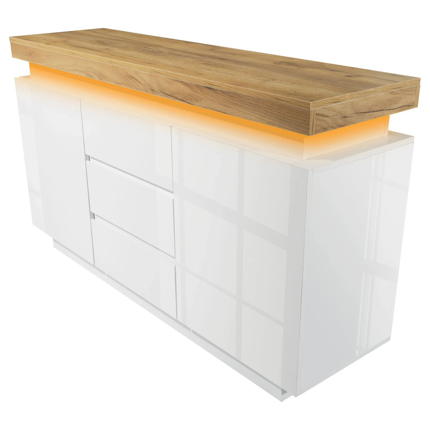 okwish Kommode mit LED Beleuchtung Türen Schubladen Wohnraum 140x39x81cm Weiß