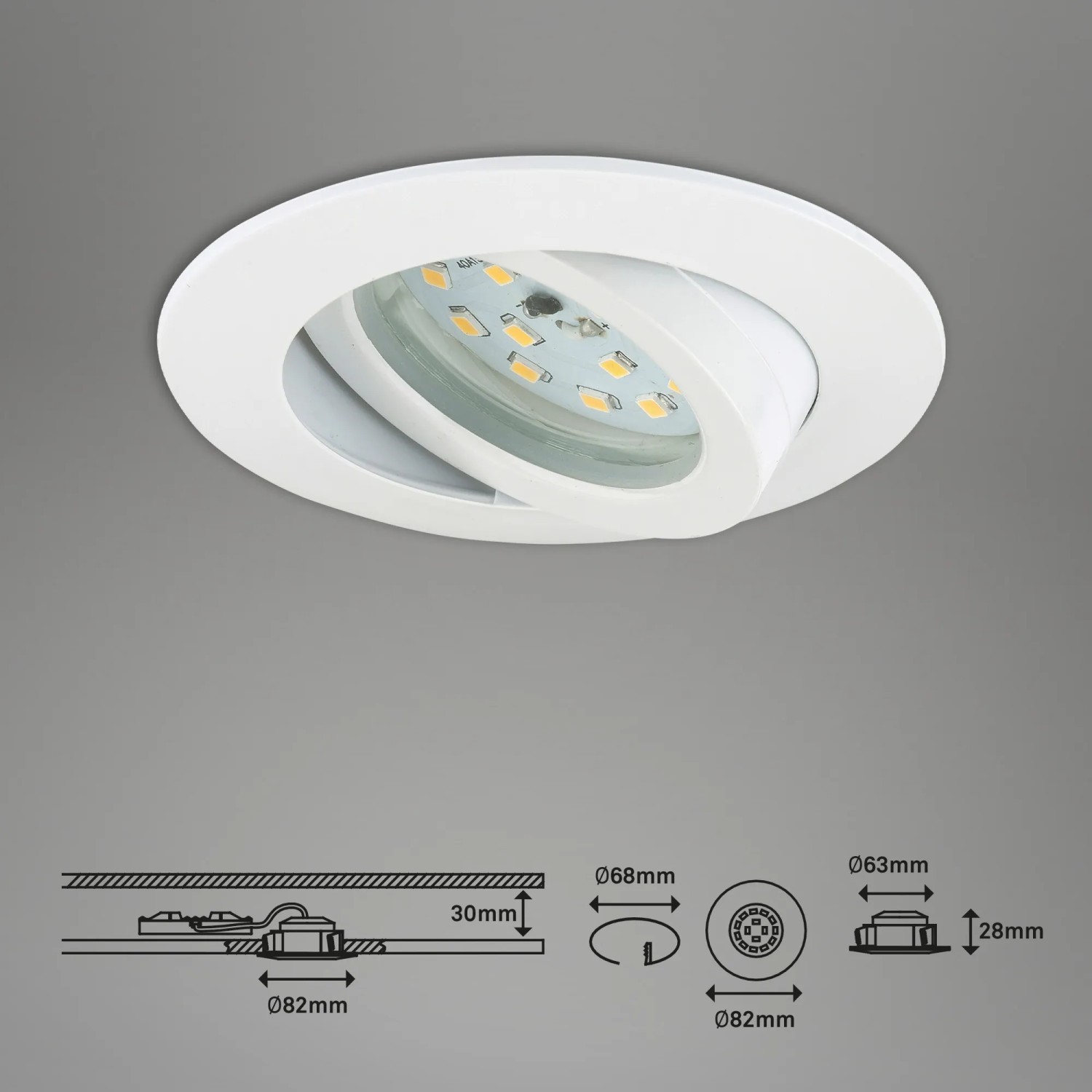 Weißer Briloner LED Einbaustrahler Attach Dim (3er Set), schwenkbar, mit Maßangaben.