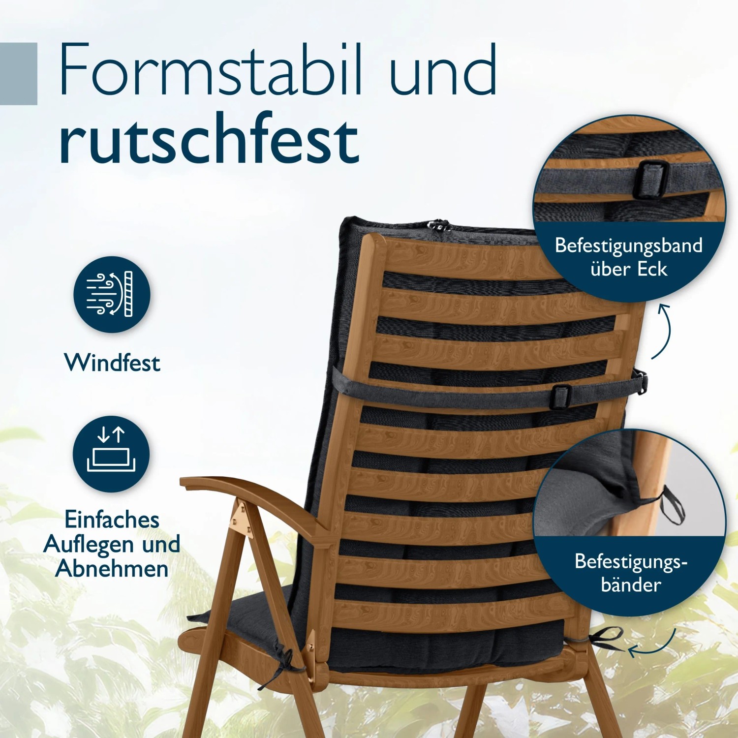 Anthrazit Hochlehner Auflage auf Holzstuhl, mit Befestigungsband und Bindebändern fixiert. Formstabil, rutschfest.