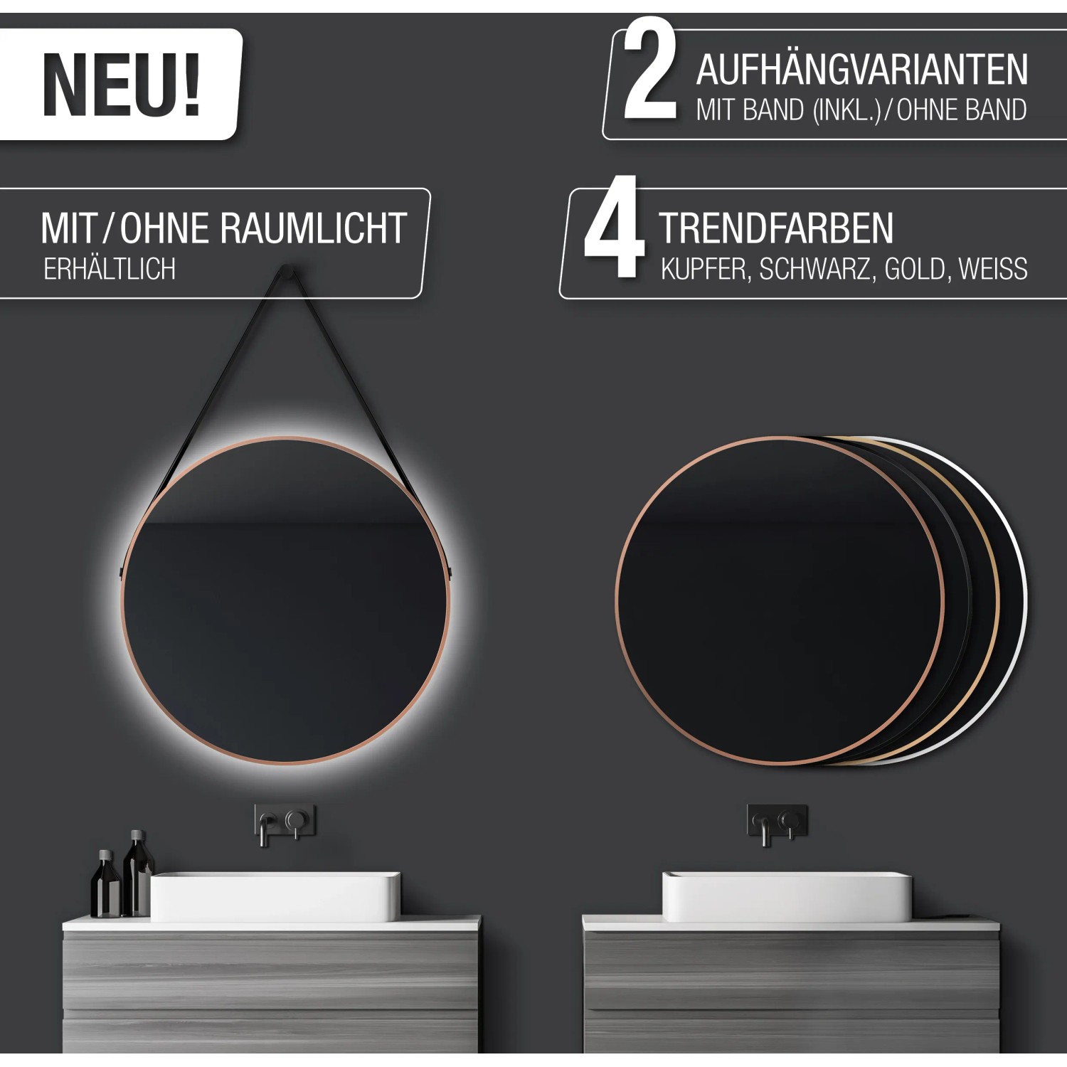 Runder DSK Design Wandspiegel Silver Coiffeur Ø 80 cm mit Kupferrahmen und Lederband.
