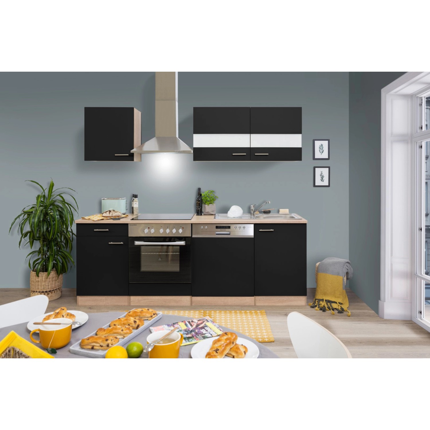 Respekta Küchenzeile/Küchenblock KB220ESSC 220 cm Schwarz-Eiche Sägerau Nachbildung
