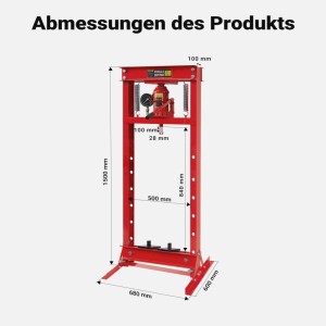 Rote Wiltec 20T Hydraulikpresse mit Manometer; Maße: 1500x680x600 mm.
