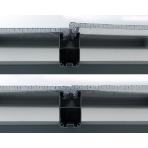 Detailaufnahme der Palram Canopia Terrassenüberdachung Feria Anthrazit: Verbindung von Stegplatten und Rahmen.