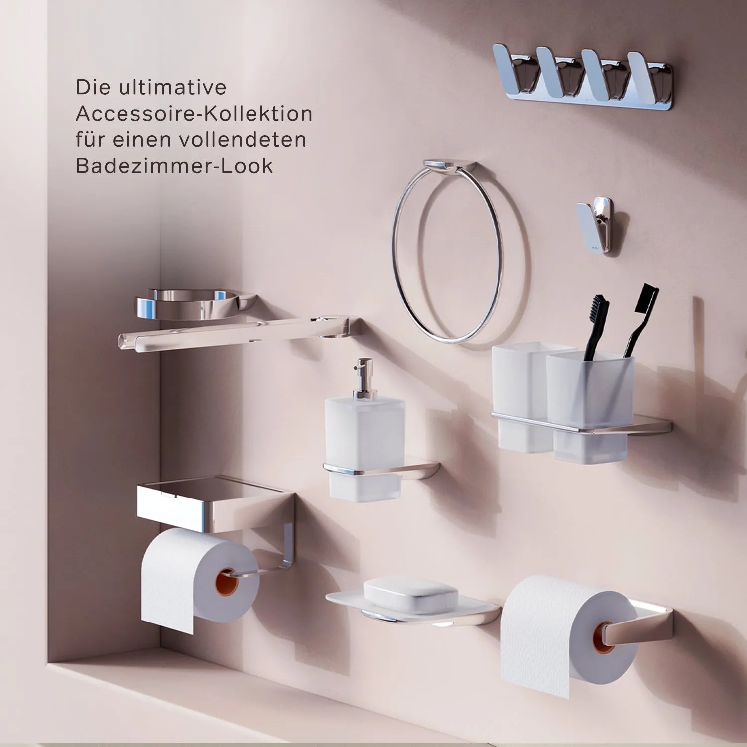 AM.PM Zahnbürstenhalter Inspire V2.0 Chrom mit weiteren Badaccessoires an Wand.