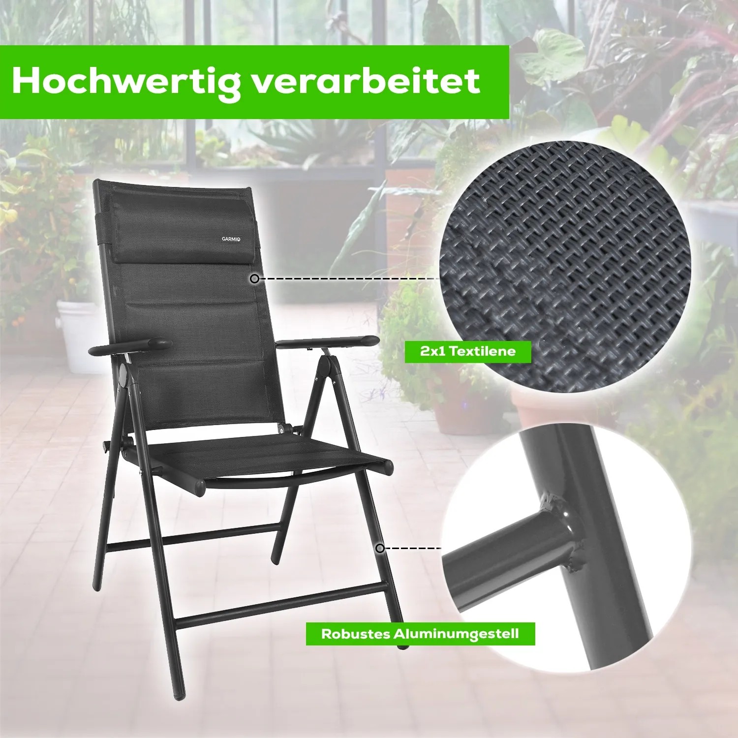 Schwarzer GARMIO Gartenstuhl Florenz mit Aluminiumgestell und Textilbezug.