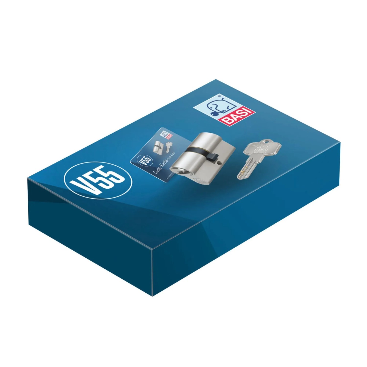 Basi V55 Profil-Doppelzylinder 30/30 mm gleichschließend mit Schlüssel und Codekarte auf Verpackung.