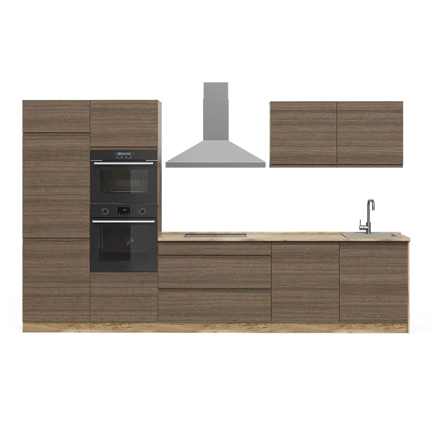 Vicco Küchenzeile R-Line Tabak-Walnuss/Goldkraft Eiche 340 x 207 Arbeitsplatte Satin Art Nr 70598
