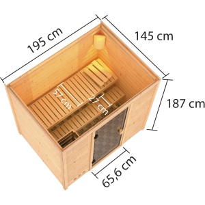 Woodfeeling Sauna Selena mit Ofen, bronzierter Glastür, zwei Bänken, Maße: 195x145x187 cm. Ideal zum Entspannen.