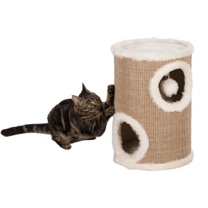 Trixie Kratzbaum Cat Tower Edoardo, 50 cm, taupe/creme mit Katze beim Kratzen.