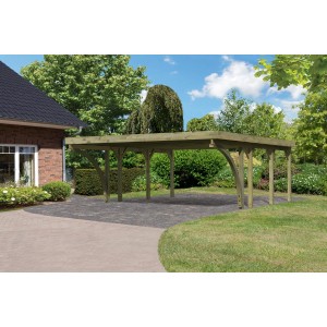 Karibu Doppelcarport Classic aus Holz mit PVC Dachplatten und stabilen Pfosten im Garten.