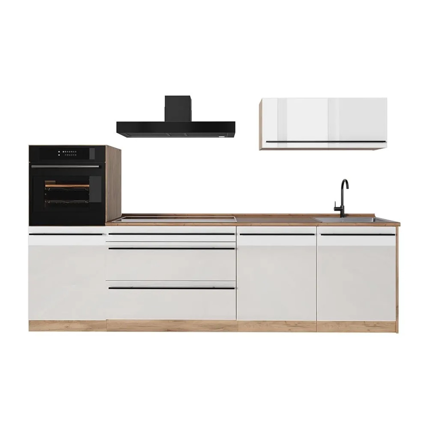 Vicco Küchenzeile R-Line Weiß Hochglanz/Goldkraft Eiche 280 x 143 Arbeitsplatte Goldkraft Eiche Art Nr 66494