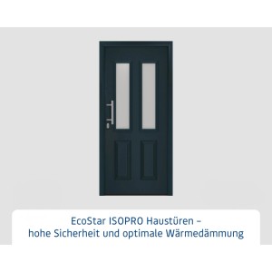 EcoStar Haustür IsoPro IP 410S, anthrazitgrau, mit satinierten Glaseinsätzen und Edelstahlgriff. Sicher und wärmedämmend.