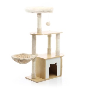 Beiger Fudajo Kratzbaum, 106cm, aus Holz und Plüsch, mit Katzenhaus, Liegemulde, Sisalstämmen und Spielball.