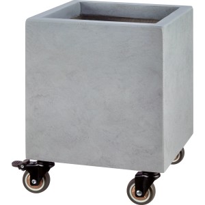 Grauer Pflanztopf mit Rollen, 25x25x25,5 cm, aus Faserton in Betonoptik. Praktisch und mobil.
