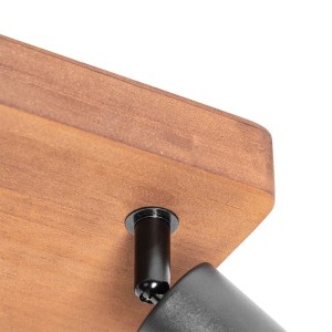 Detailaufnahme: QAZQA Industrie Spot Kristina, 4-flammig, schwarz/braun. Deckenleuchte aus Holz und Stahl.