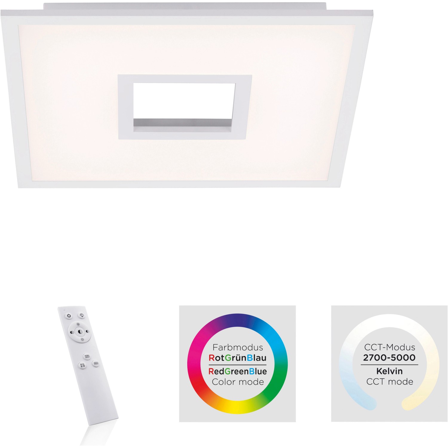 Weiße LED-Deckenleuchte Recess 45x45 cm mit Fernbedienung und Farbwechsel.
