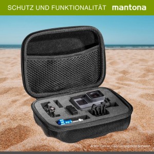 Offene Mantona Hardcase Tasche mit Schaumstoffinlay für GoPro Action Cam und Zubehör am Strand.