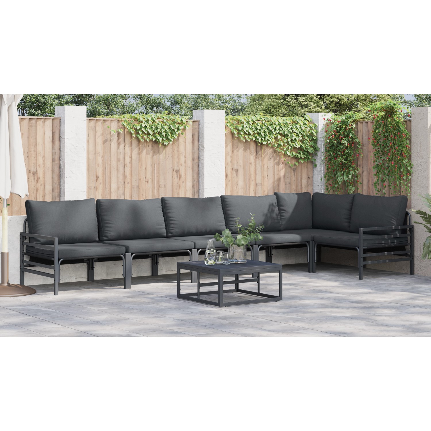Anthrazitfarbenes 6-teiliges Garten-Sofa-Set aus Stahl mit Tisch für den Außenbereich.