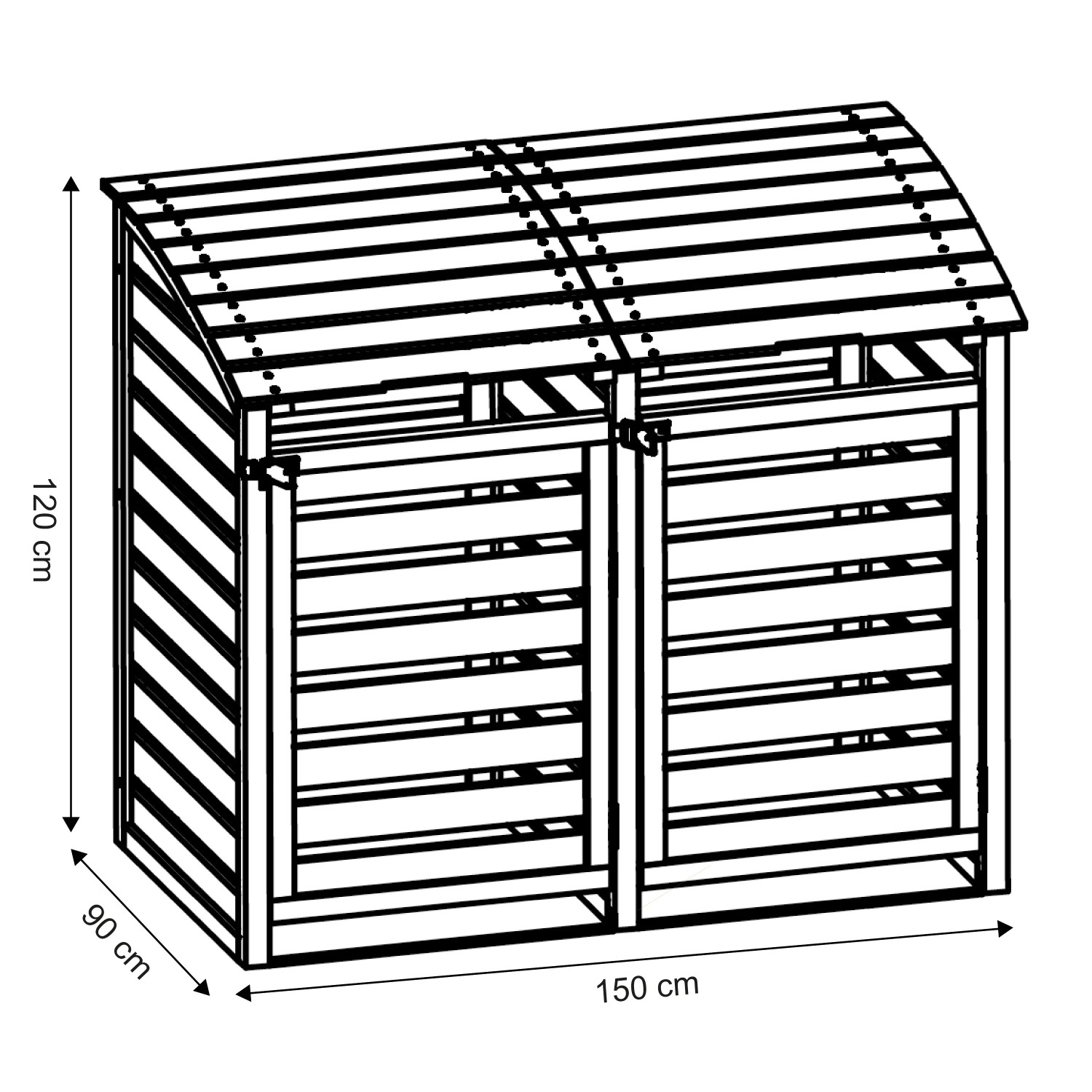 T&J Mülltonnenbox Henri für 2 Tonnen, Holz imprägniert, mit Maßangaben.