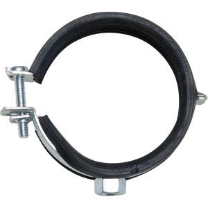 Schallschutzrohrschelle (Ø 60-65 mm) aus verzinktem Stahl mit Gummieinlage zur Rohrbefestigung.