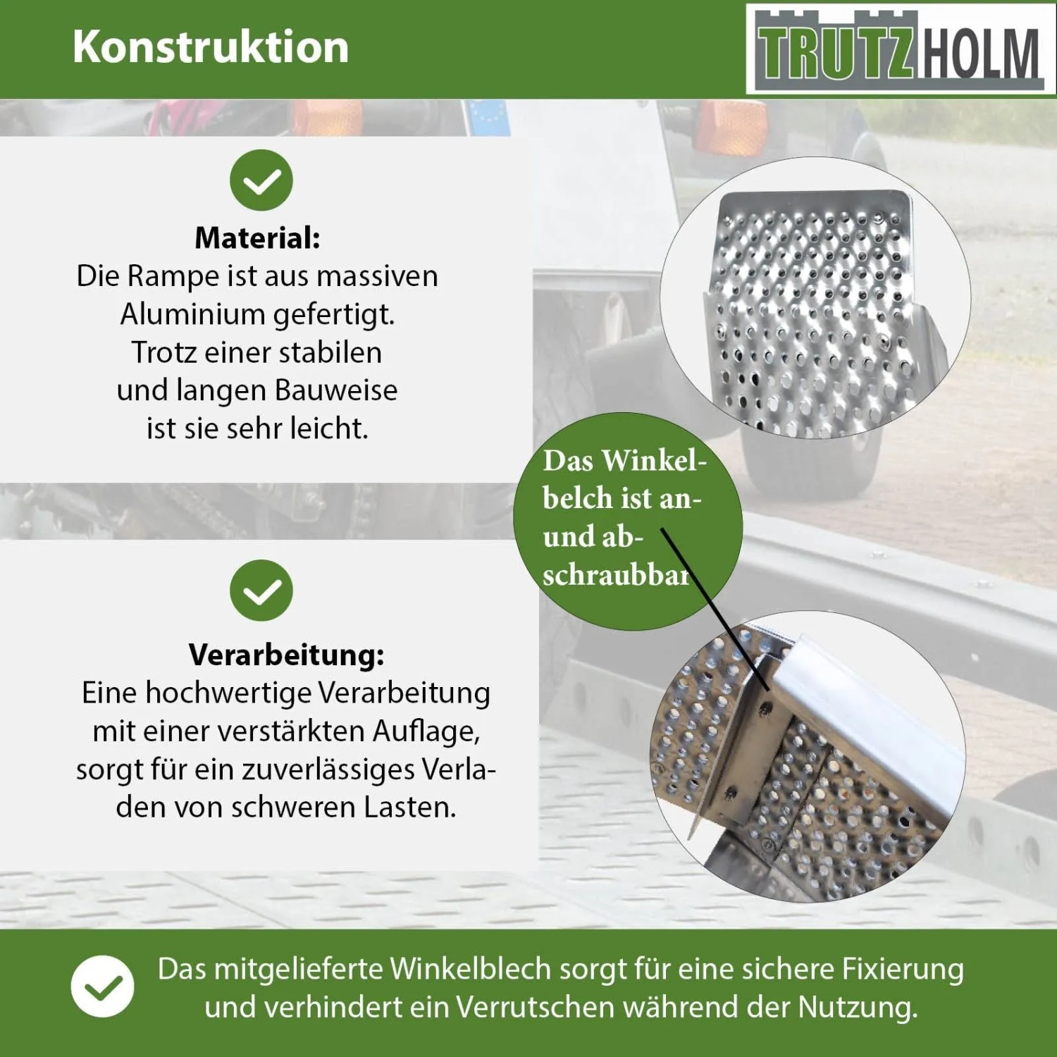 TRUTZHOLM Auffahrrampe aus Aluminium mit rutschhemmender Oberfläche und Winkelblech zur sicheren Fixierung am Autoanhänger.