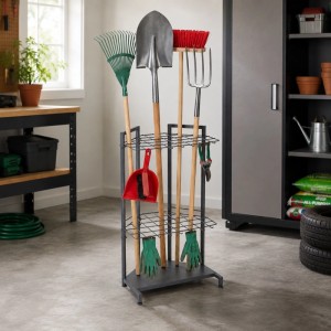 Anthrazitfarbener Stahl Gartengeräteständer mit 2 Ebenen für Spaten, Rechen, Besen. Ideal für Garage & Gartenwerkzeuge.