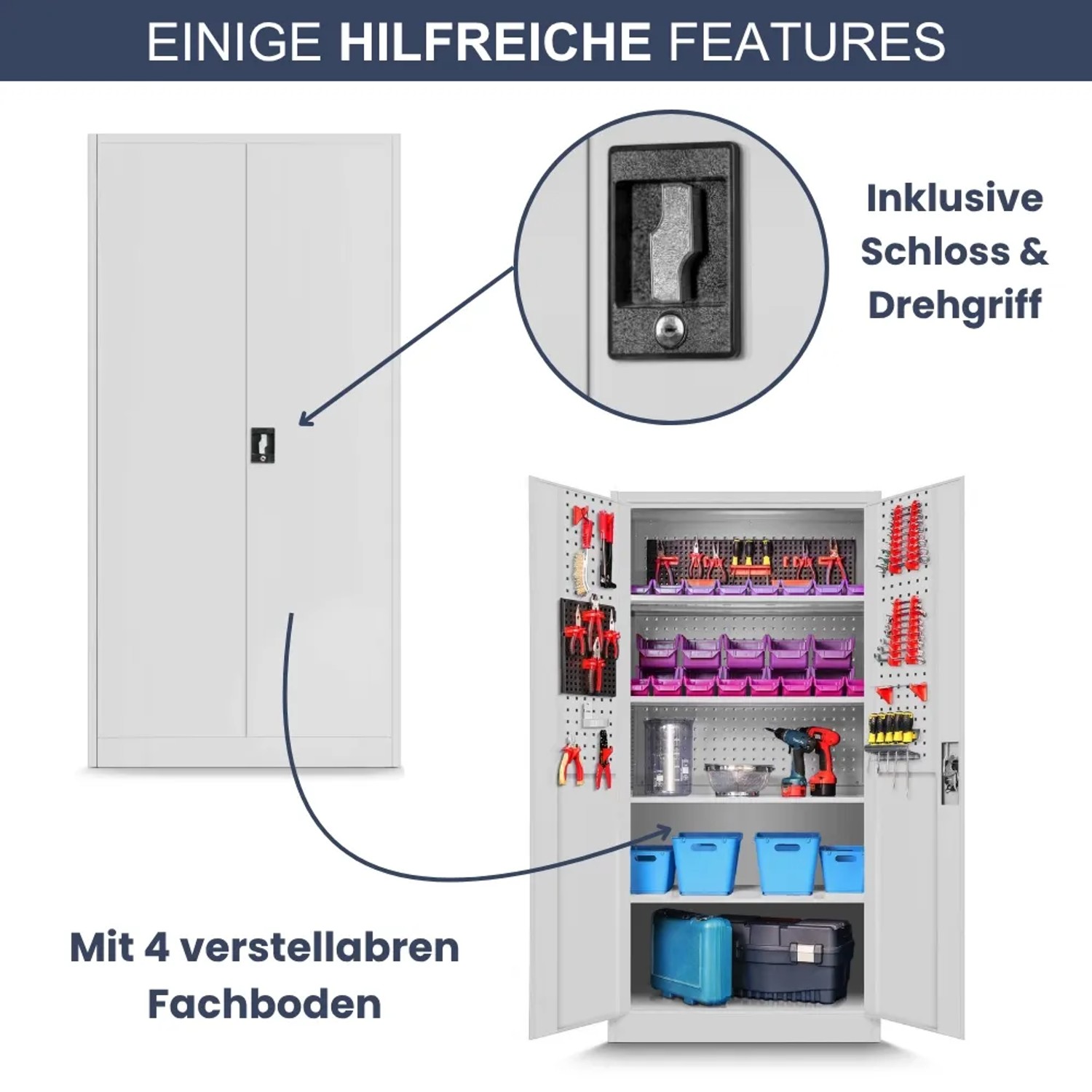 DELUKE Werkzeugschrank mit Lochwand, 5 Ebenen, abschließbar, grau, mit Werkzeug und 4 Fachböden.