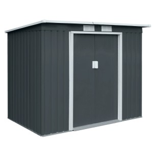 Dunkelgraues Hattoro P100 Metall Gerätehaus mit Pultdach und Schiebetür.