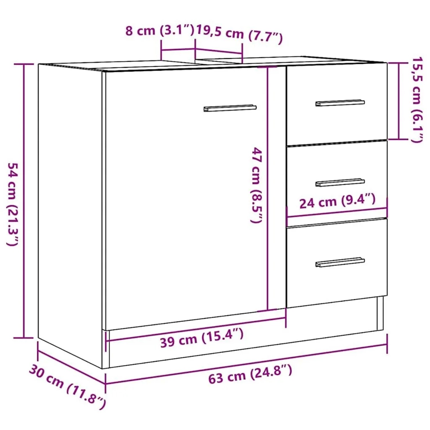 vidaXL Waschbeckenunterschrank in Schwarz Eichen-Optik, 63x30x54 cm, mit Schubladen und Tür.
