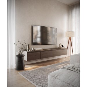 Selsey TV-Hängeboard Bemmi 200 cm in Nussbaum-Holzoptik, schwebend an der Wand im modernen Wohnzimmer.