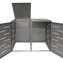 Silberfarbene PROREGAL Mülltonnenbox XL aus Metall für 2 Tonnen, Türen und ein Deckel offen, mit Lüftungsschlitzen.