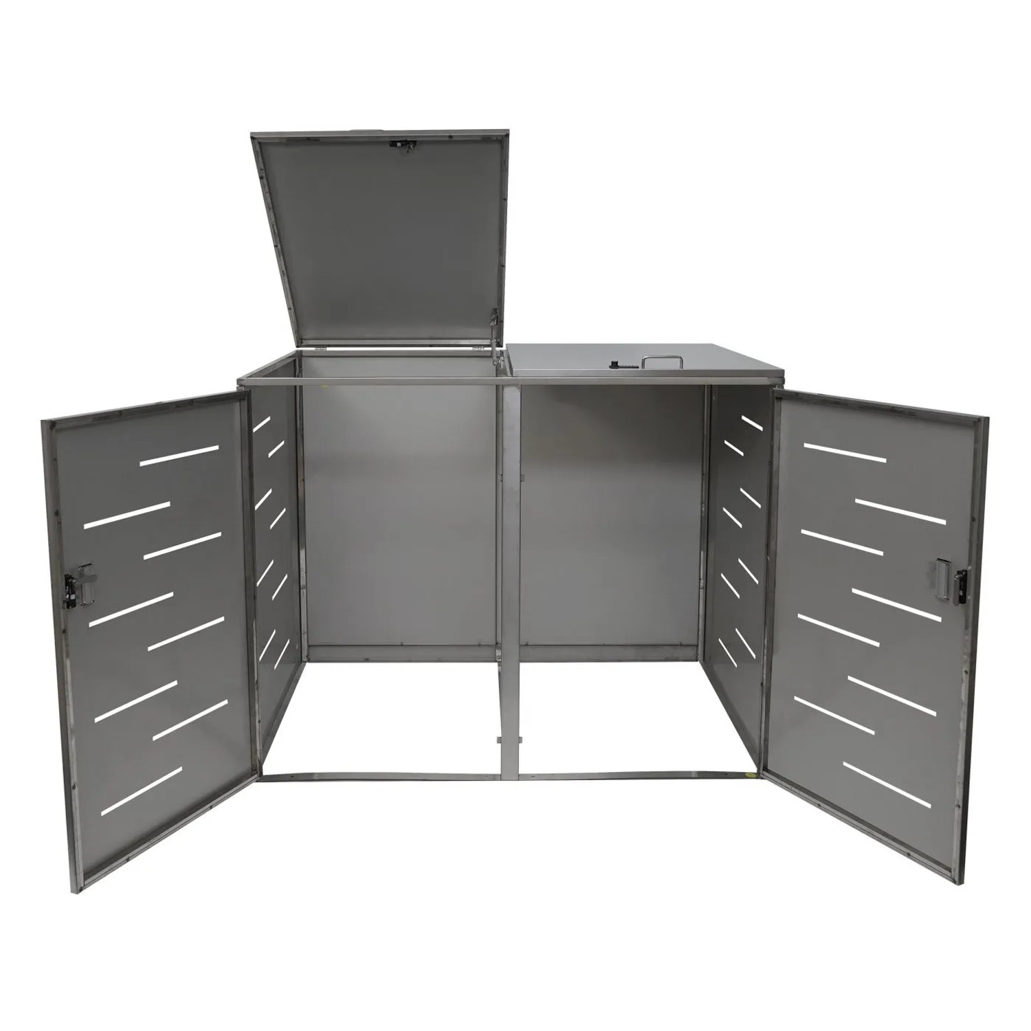 Silberfarbene PROREGAL Mülltonnenbox XL aus Metall für 2 Tonnen, Türen und ein Deckel offen, mit Lüftungsschlitzen.