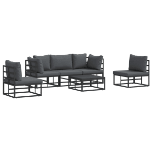 Schwarzes 6-teiliges Garten-Sofa-Set aus Aluminium mit Kissen und Tisch.