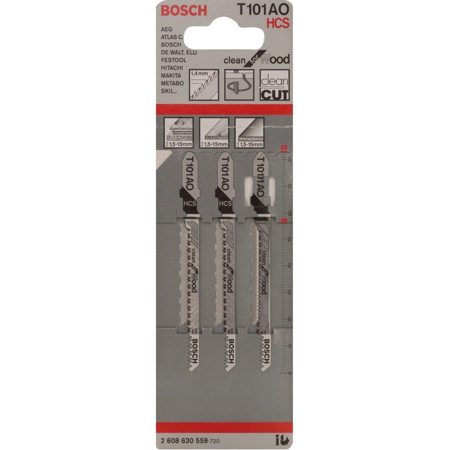 Bosch Stichsägeblätter Pro T 101 AO Clean for Wood, 3er-Pack, für saubere Holzschnitte.